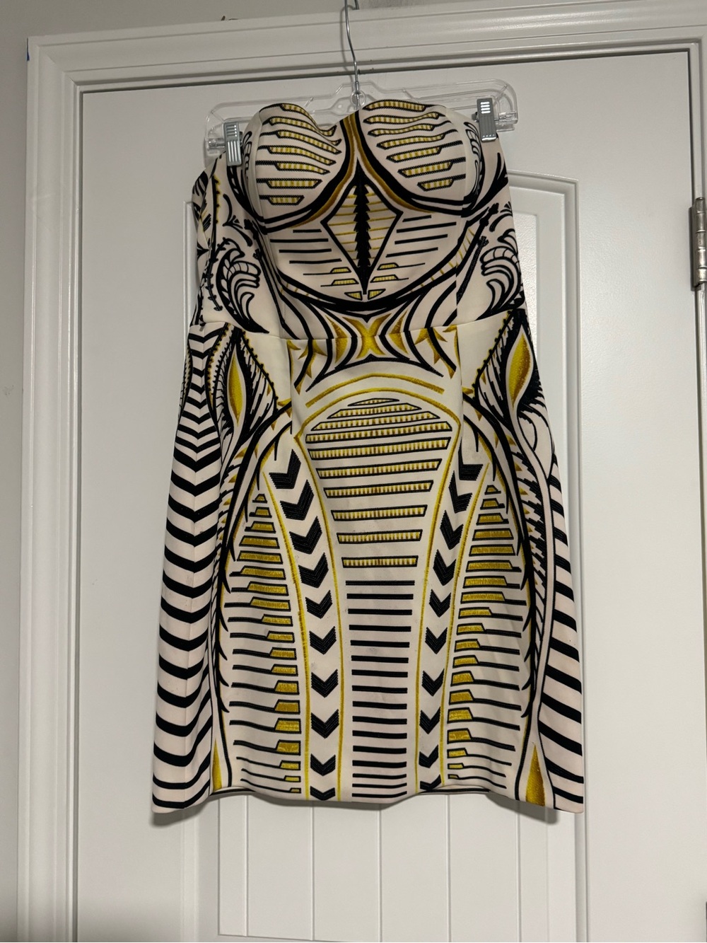 Boston Proper Strapless Geometric Print Dress in Black, White & Yellow
